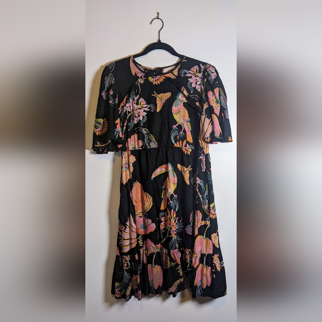 Banjanan Lenka Jungle Print Crew Neck Knee Length Toucan Moth Dress Sz S